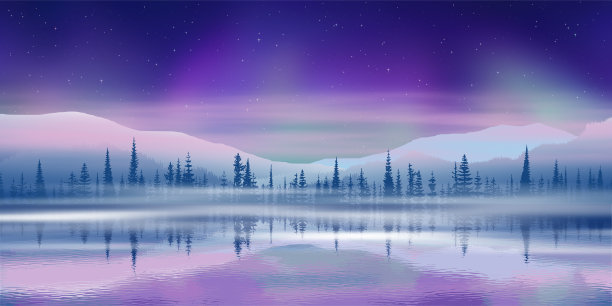 倒映在水中的北极光，寒假插画，北方图片下载
