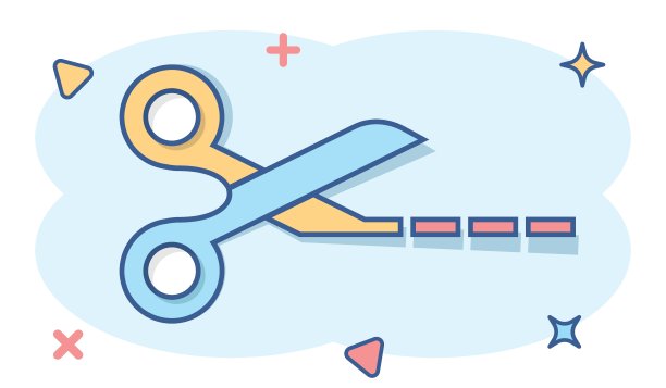 漫画风格的剪线图标剪刀。切割设备卡通矢量插图在白色孤立的背景。切割机飞溅效应经营理念。图片下载