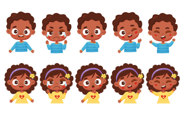 孩子的情绪。头像描绘深色皮肤的可爱男孩和女孩，有着不同的面部表情和情感。快乐，愤怒，微笑，快乐，惊奇。矢量孤立插图卡通风格。图片下载
