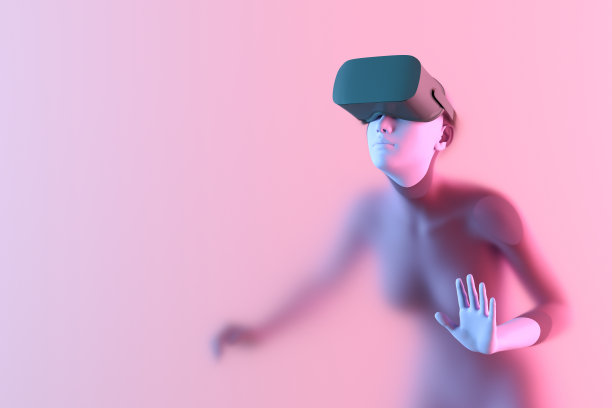 戴着VR眼镜的女子通过透明玻璃进入了元宇宙世界图片下载