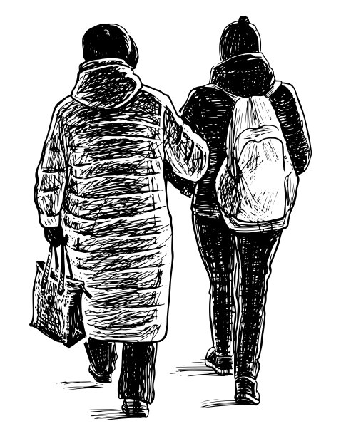 手绘的休闲老年城市妇女和女儿走在户外图片下载