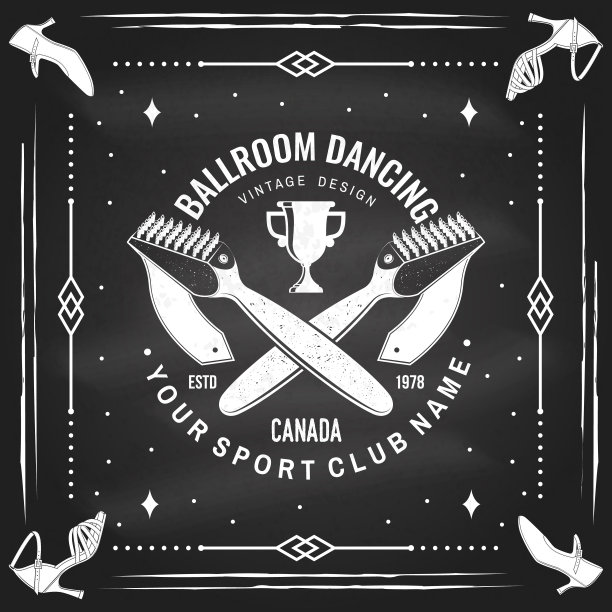 交际舞体育俱乐部标志，黑板上的徽章设计。概念衬衫或标志，印刷，邮票或t恤。舞蹈运动贴纸与鞋刷的舞厅鞋剪影。矢量插图。图片下载