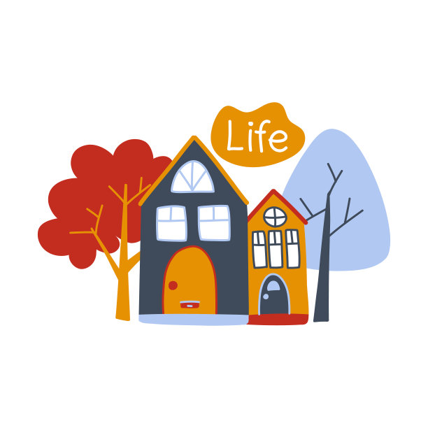 矢量插图与可爱的彩色山和树和题词生活在涂鸦风格图片下载