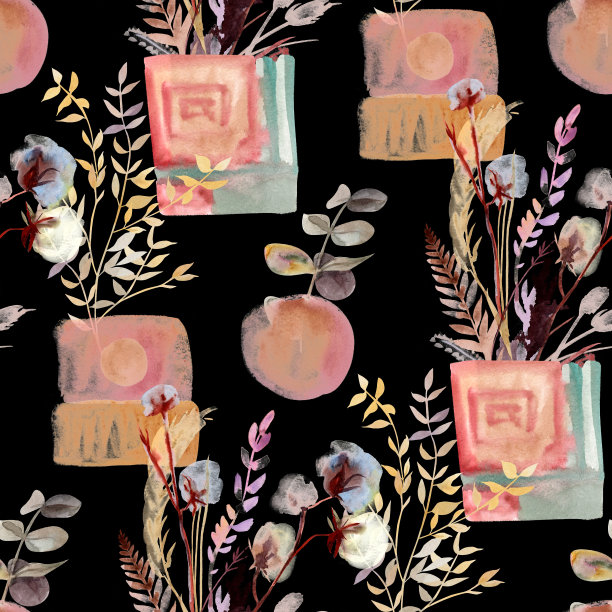 无缝模式与干花在花瓶与小枝桉树干花和棉花波西米亚风格图片下载