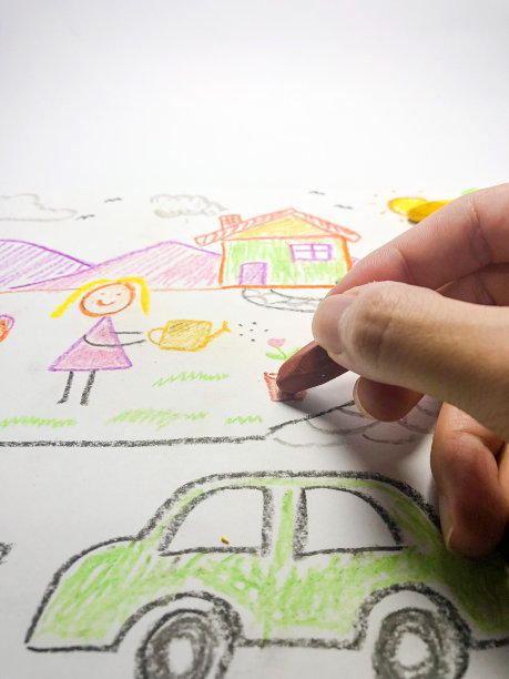 手绘房子，女孩和一辆车图片下载