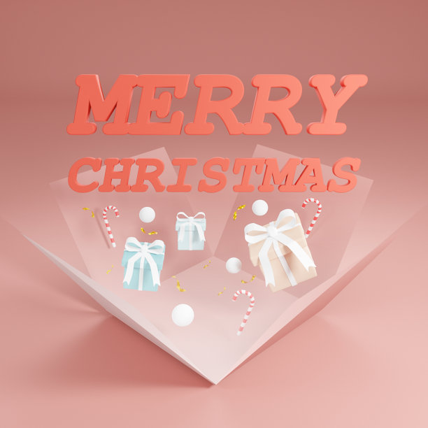 圣诞快乐的打开礼品盒和圣诞快乐的信息与糖果里面。三维渲染图片下载