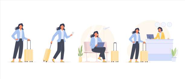 商务女性的商务旅行套装。平面向量图片下载