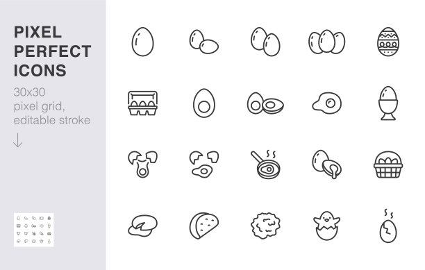 鸡蛋线图标设置。容器，复活节狩猎篮，蛋壳，蛋黄，炒鸡蛋，烹饪原料最小矢量插图。简单的早餐提纲。30x30像素完美，可编辑的笔画图片下载