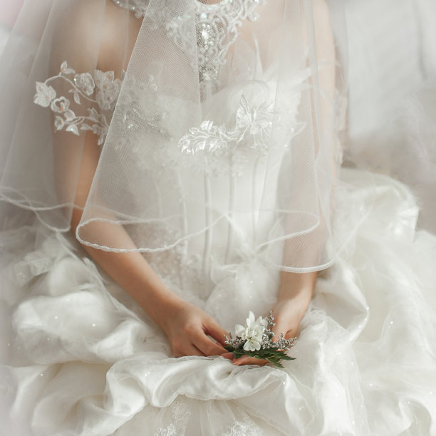 一位新娘正坐着，手里拿着一朵胸花图片下载