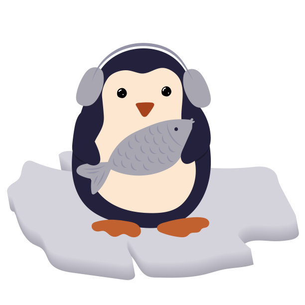 企鹅戴着耳机，和一条鱼在浮冰上。图片下载