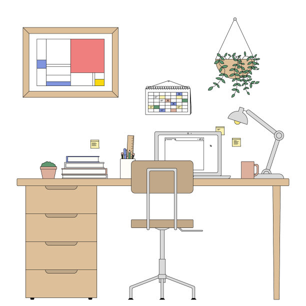 在家办公，有悬挂的植物，书桌植物，日历，蒙德里安画，书，咖啡或茶杯，灯。打开网页浏览器窗口。椅子在前面，抽屉桌子。图片下载