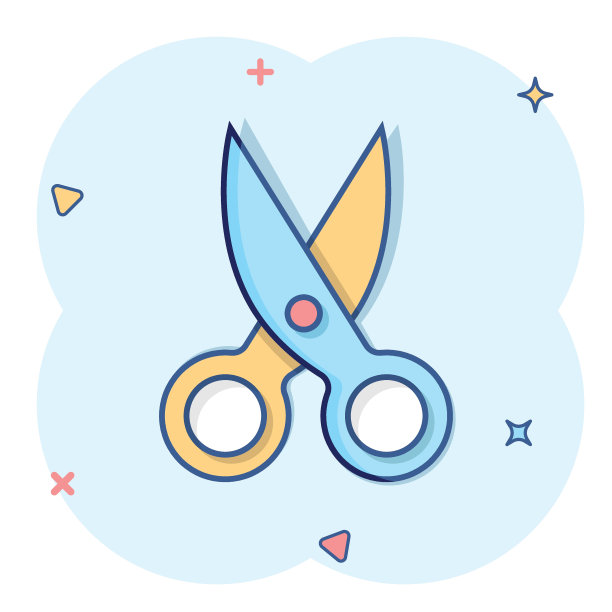 剪刀图标在漫画风格。切割设备卡通矢量插图在白色孤立的背景。切割机飞溅效应经营理念。图片下载