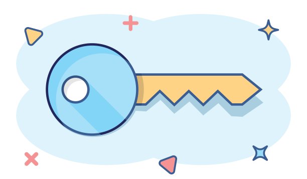 漫画风格的关键图标。密码卡通矢量插图在白色孤立的背景。接入飞溅效果的经营理念。图片下载