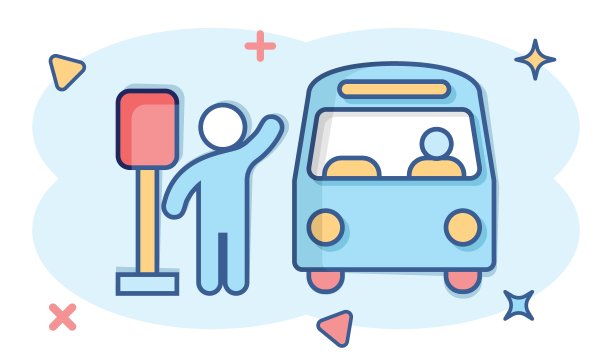 漫画风格的公交车站图标。自动停止卡通矢量插图在白色孤立的背景。汽车客车车辆飞溅效应的经营理念。图片下载