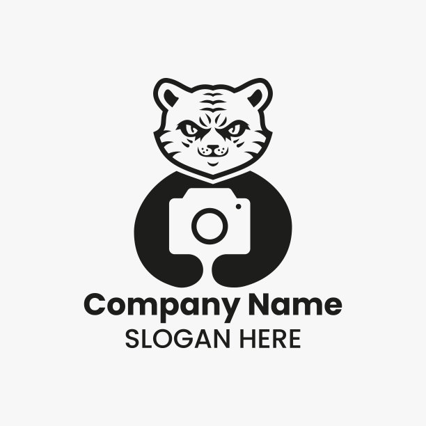 虎相机Logo负空间概念矢量模板。豹手持相机符号图片下载