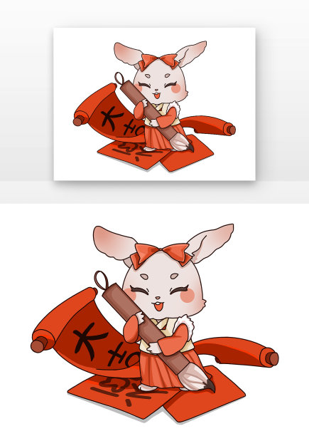 红色简笔画毛笔兔子小年写春联图片下载
