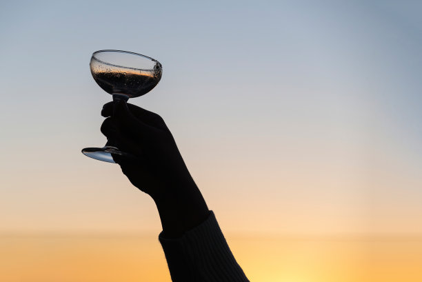 夕阳下，手拿着酒杯对着天空的剪影图片下载