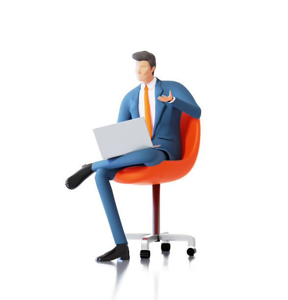 成功的商人坐在椅子上用笔记本电脑工作。3 d渲染图图片下载