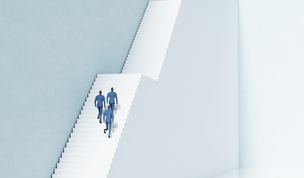 通往成功之路。成功的商业人士爬上楼梯。实现目标，成就事业，职业成长，银行，投资咨询，赚钱理念。3 d渲染插图。图片下载