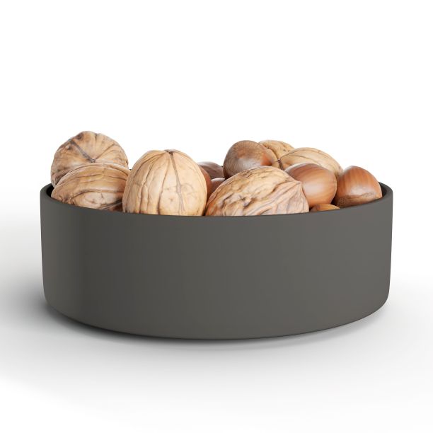三维渲染的黑色碗与坚果孤立在白色背景图片下载