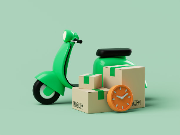 简单的卡通滑板车与快递包裹和时钟附近的3d渲染插图。图片下载
