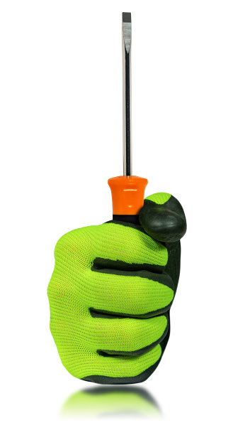 手拿一字螺丝刀，手戴防护手套图片下载