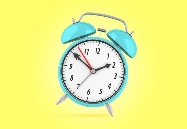 黄色背景上的蓝色3d闹钟。三维渲染图片下载