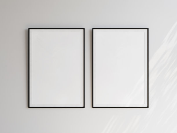 一对黑色空相框与肖像方向挂在白色墙壁。内容的模板。3 d演示。图片下载