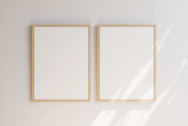 白色素色墙上的一对空木框。内容的模板。3 d演示。图片下载