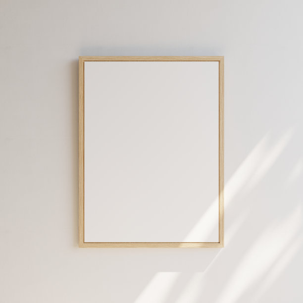 白色空白布告板与木框架在白墙。部分被阳光照亮。内容的模板。3 d演示。图片下载