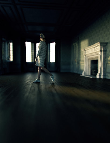 身穿运动衫连衣裙的金发女子走进一间带壁炉的古典空房间。3 d渲染。图片下载