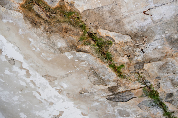 旧损毁混凝土结构的天花板上有湿斑。图片下载