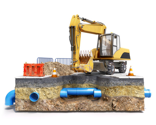 道路工程的概念，白色背景上被挖出的坑隔离的一块地面的正面视图，黄色挖掘机，土丘和道路锥和栅栏，地下蓝色pvc管道穿过地面的切片，3d插图图片下载