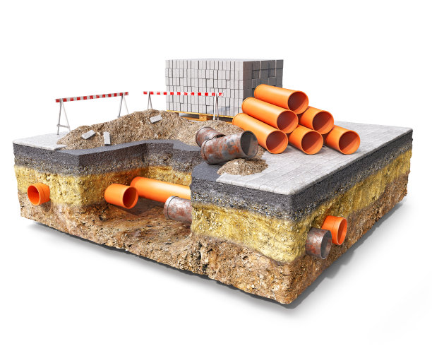 道路工程的概念是挖洞和土丘，由道路屏障围起来，堆叠新的路面瓷砖，将旧的生锈的金属地下管道改为新的pvc管道，隔离在一片地面上，3d插图图片下载