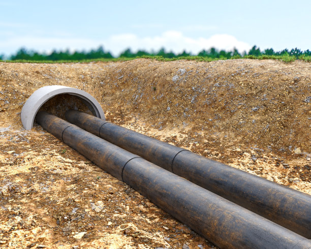 旧的肮脏的地下管道在壕沟延伸出混凝土坑，3d插图图片下载