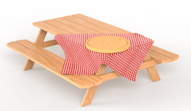 木制野餐桌，长板凳，圆形砧板和红色格子桌布孤立在白色背景，3d渲染。用于花园、公园或露营的木制家具，角度视野图片下载
