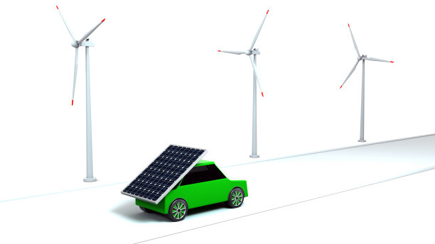 装有太阳能板的电动汽车。路边的风力涡轮机。图片下载