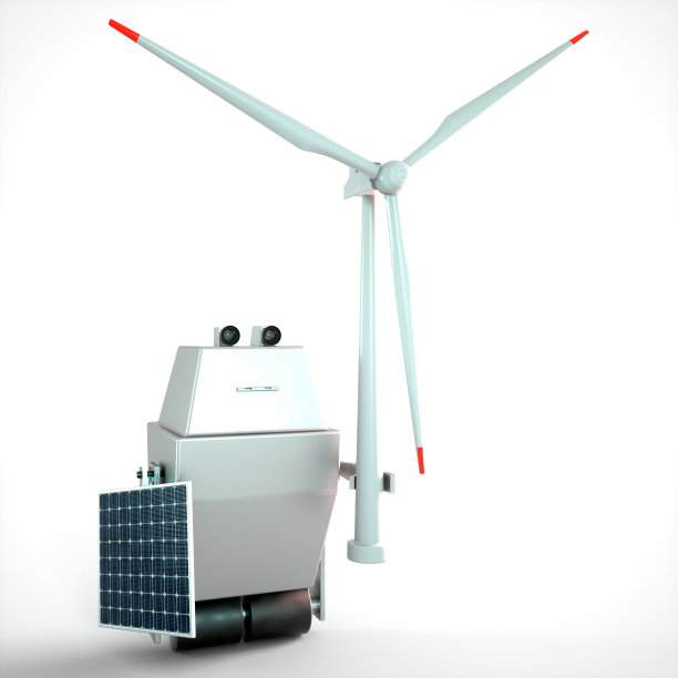 机器人手持风力涡轮机和太阳能电池板。后卫的气候。图片下载