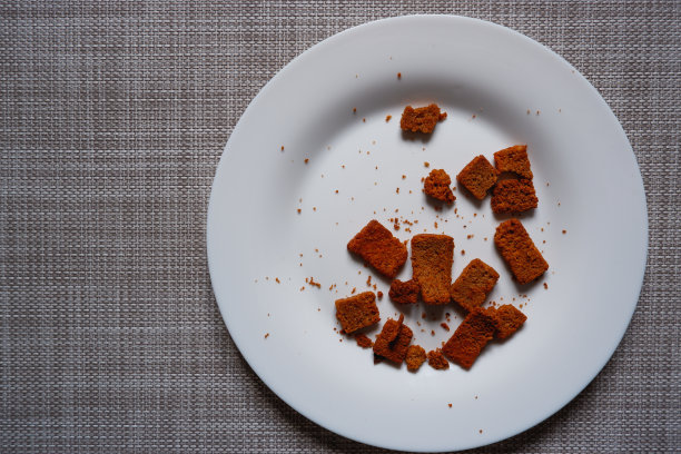 白盘子里的油炸黑麦面包丁。特写照片，文字的位置。图片下载