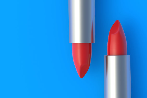 红色的唇膏。化妆品配件。化妆工具。前视图。副本的空间。三维渲染图片下载