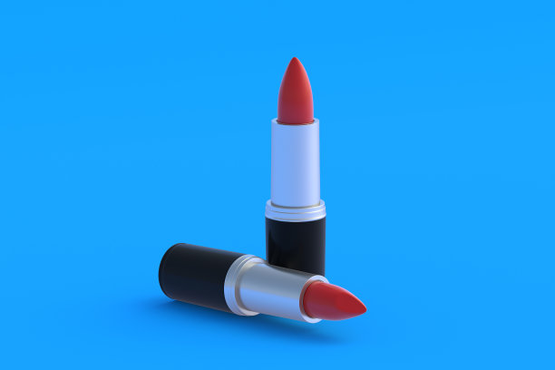 蓝色背景的现代口红。化妆品配件。化妆工具。三维渲染图片下载