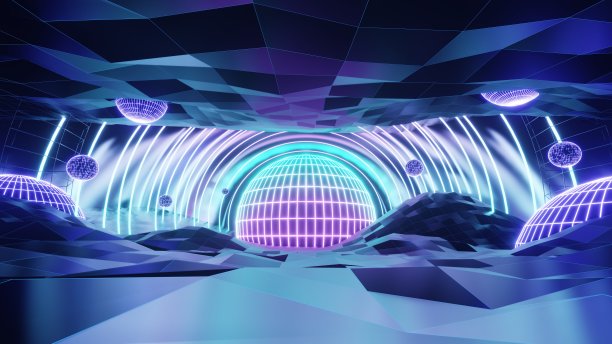 三维抽象，几何景观背景与多边形结构，元宇宙网络空间虚拟现实，平台展示产品，为产品的地方，彩色霓虹灯，复古科幻风格图片下载