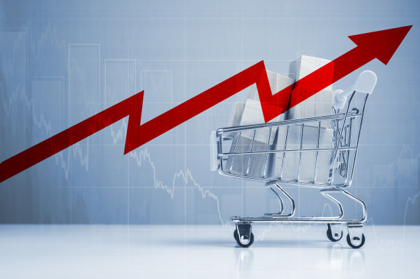 全球危机通货膨胀和物价上涨。小型购物车与堆叠的硬币和增长图表。世界成本上升的概念。超市手推车里的方块百分比图片下载