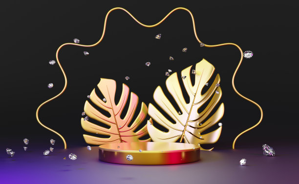 讲台空和钻石与金色叶怪物在黑色组成现代舞台展示和极简主义的模型，抽象的橱窗背景，概念3d插图或3d渲染图片下载