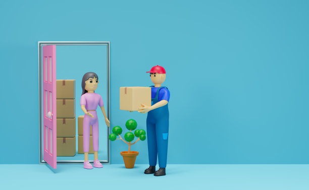 蓝色构图的快递员和收信人，快递服务业务概念，3d插图或3d渲染图片下载