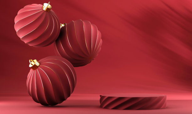 3D抽象圣诞黑色背景与红色圣诞饰品图片下载