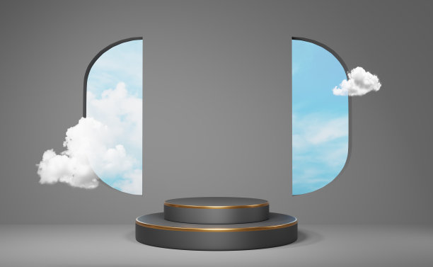 讲台空和蓝色的天空与云和几何形状的灰色组成的现代舞台展示和极简主义的模型，抽象的橱窗背景，概念3d插图或3d渲染图片下载