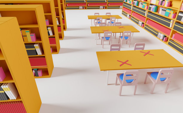 图书馆的社交距离概念，以防止冠状病毒或covid - 19, 3d插图或3d渲染图片下载