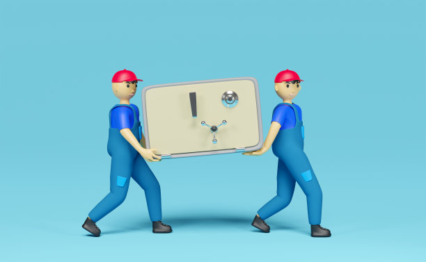 快递或搬迁服务的价值公司，快递员移动保险箱，3d插图或3d渲染图片下载