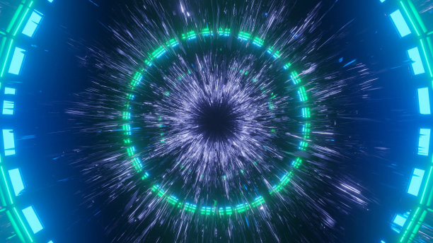 绿色和蓝色的灯在中心形成一个圆的3D渲染-未来的概念图片下载